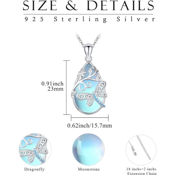 925 Silver Moonstone Dragonfly Necklace Valentine Gift for Women - Picture 2 of 7